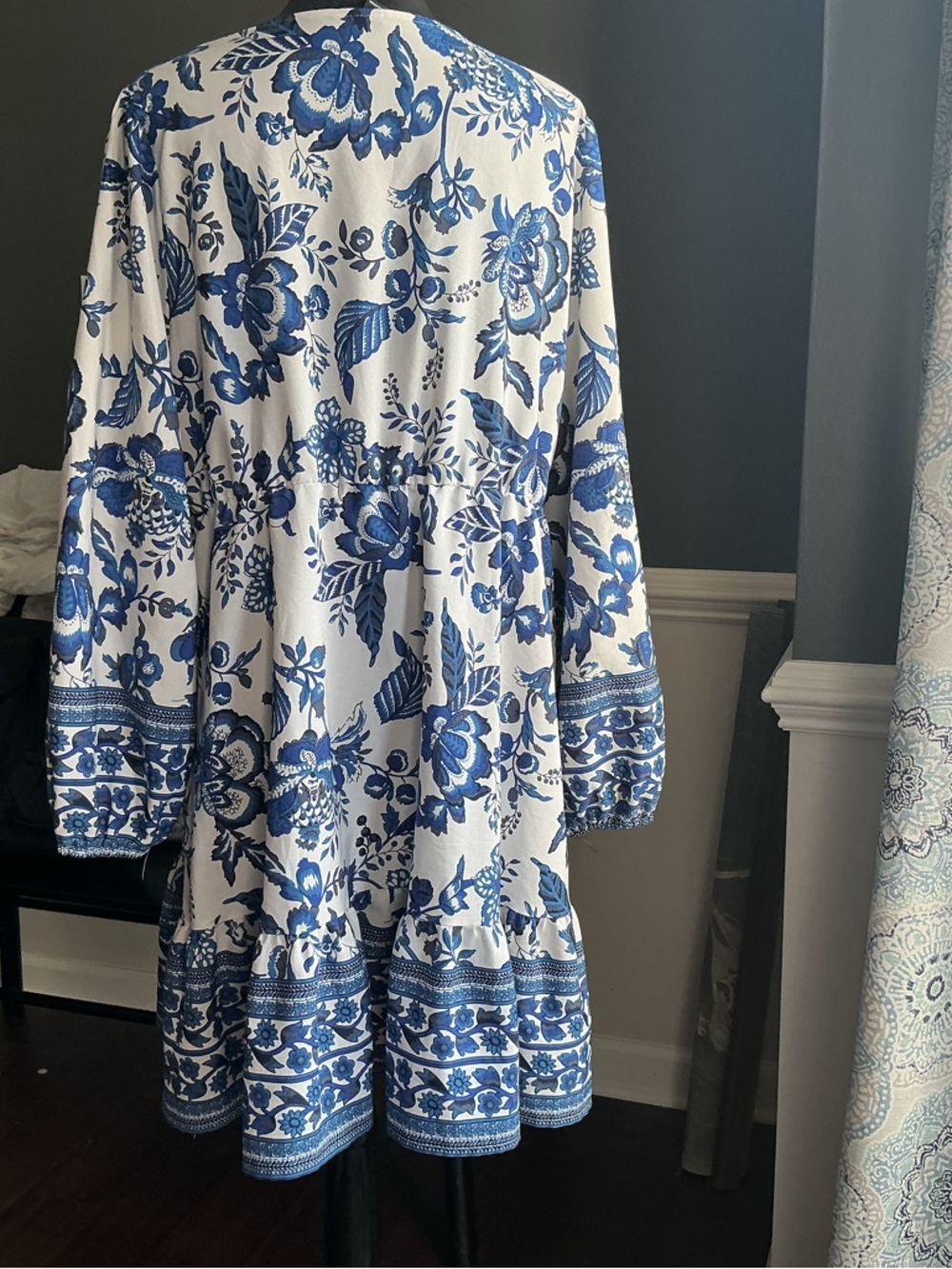 SHEIN White and Blue Floral Long Sleeve Dress